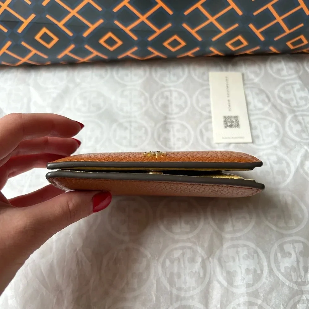 Tory Burch Blake Color Block Mini Wallet Bourbon Cornbread Brown Tan Gold Yellow